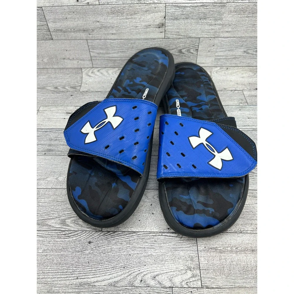 Under Armour Ignite Camo V Men Blue Black Slides Sandals 1266360-003 Size 13